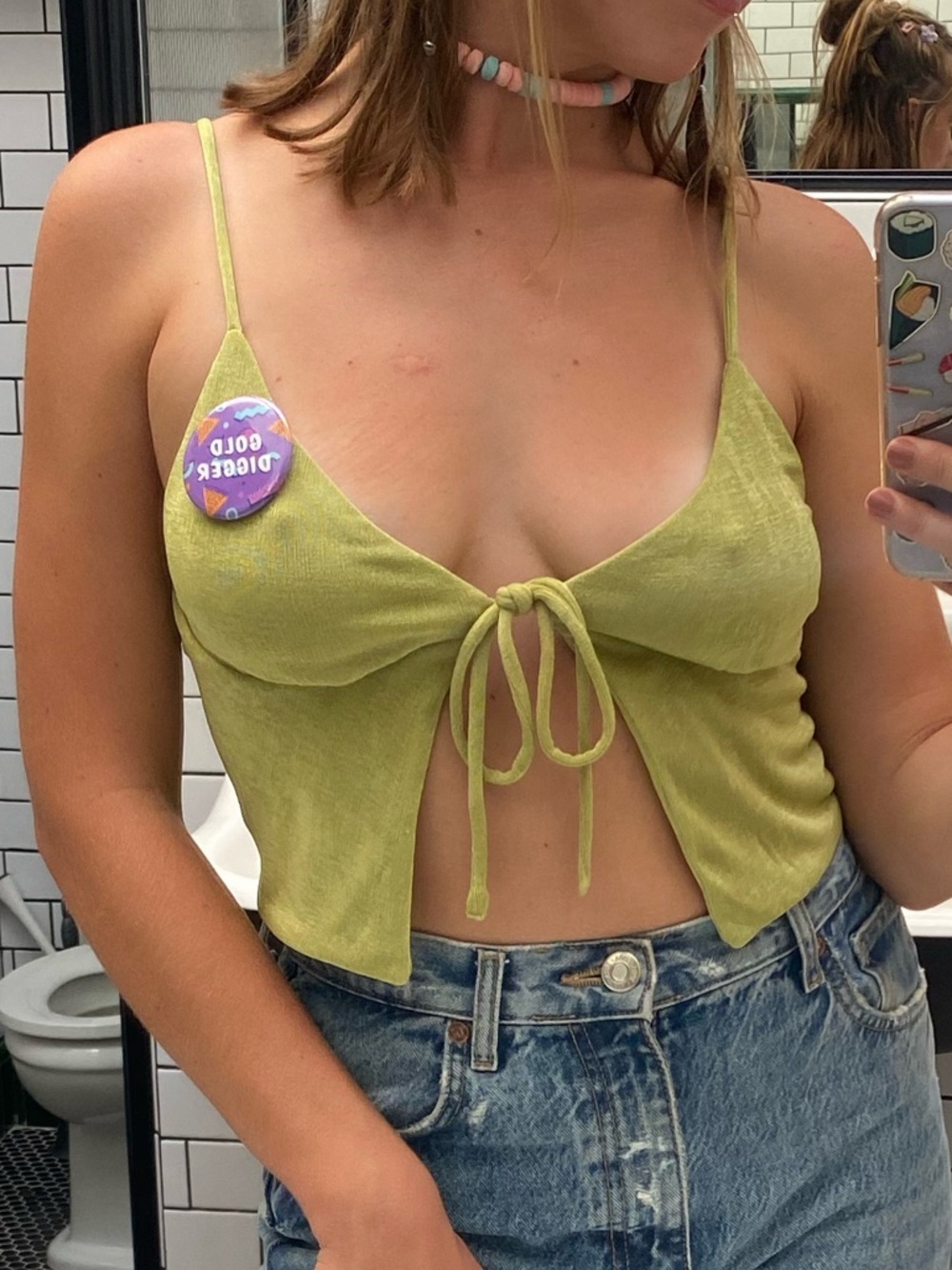 elodie y2k chartreuse green Velvet velour Tie-Front Crop Top. Summer, festival. - Picture 4 of 4